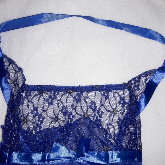 Blue & Gold Lace Sheer Mesh Halter Babydoll Set - Picture 4 of 5